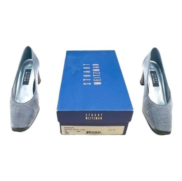 Stuart Weitzman Anna Pewter Matte Lame Pumps 2.5 Inch Block Heel Women’s Size 9 - Picture 2 of 12